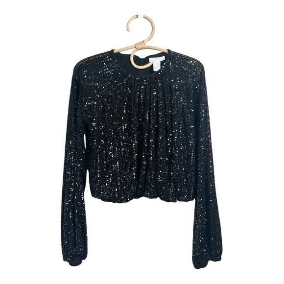 H&M‎ Black Bubble Hem Oversized Long Sleeve Crop Sequins Top NEW Size XS - Picture 3 of 15